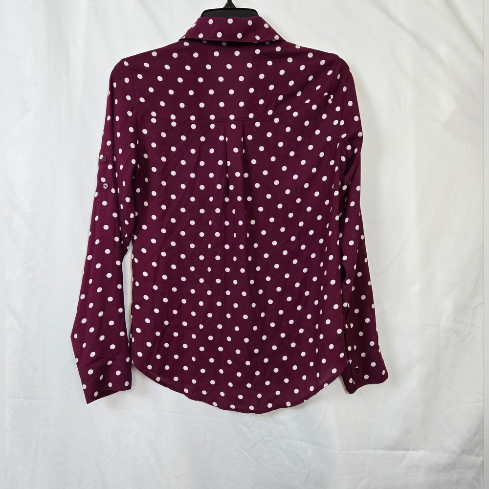 Express Womens Slim Fit Portofino Burgundy Polka Dot Long Sleeve Chiffon‎ Top XS - Picture 6 of 10